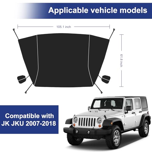 Image of Windshield & Front Side Window Snow Cover Compatible wirh Jeep Wrangle JK 07-18, 600D Oxford Cloth Windshield Cover with Mirror Cover for Sun, Rain, Snow, Sand, Dust, Leaves, Branches Protector