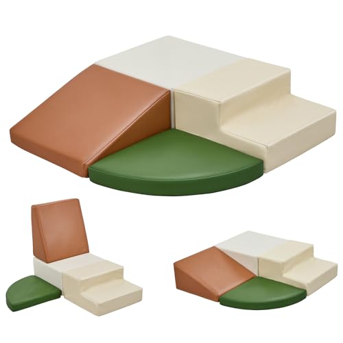 Image of Sumbababy Climbing Foam Blocks for Toddlers: Waterproof Pu Leather Soft Climber - 4 Pcs Toddler Indoor Climbing Toys - Kids Outdoor Playground Playset Best Gift Preschool Daycare Supplies(Green /Brown)