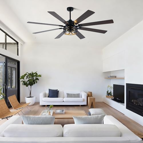 Image of Dawn Whisper Black Ceiling Fans with Lights 72 Inch Farmhouse Ceiling Fan with Remote Quiet Reversible DC Motor 6 Speeds 8 Blades Large Industrial Chandelier Fan for Living Room Bedroom