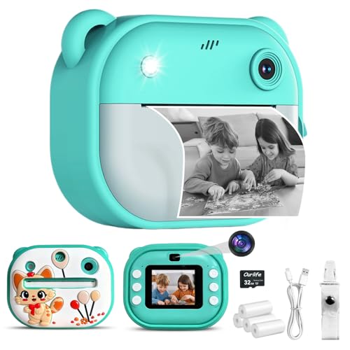 Kids Camera Instant Print,Instant Camera with Silicone Cover,1080P HD Dual-Lens Selfie Digital Cameras with 4 Rolls Paper & 32GB Card,Christmas Birthday Gifts for Toddler Teenagers Age 3-14