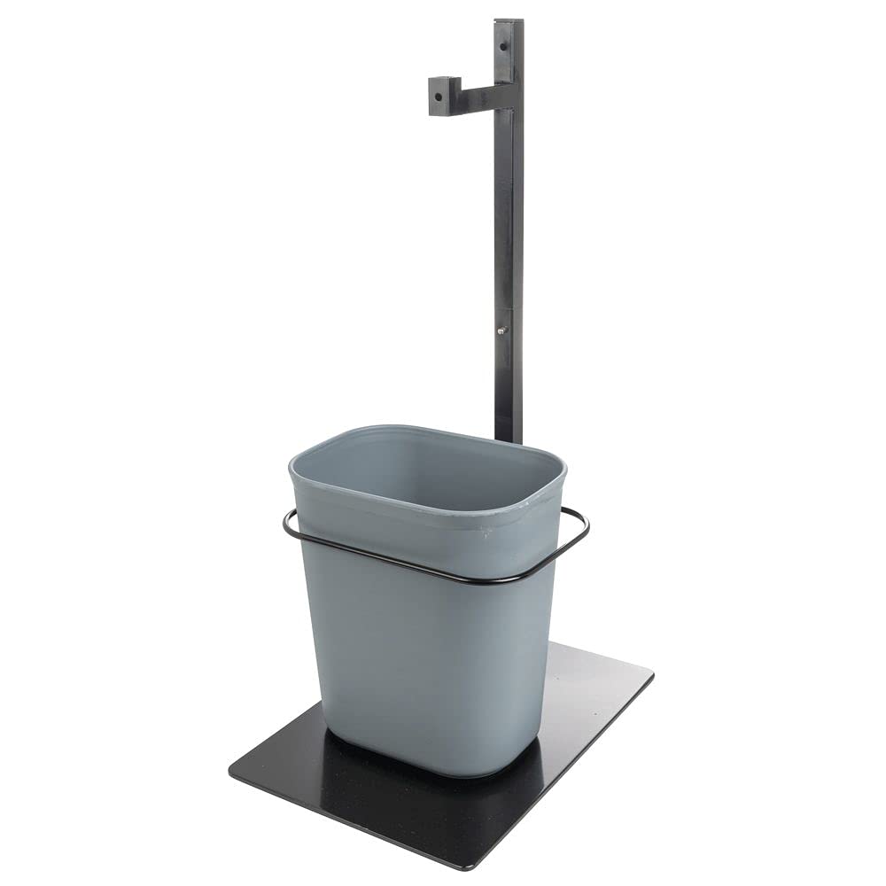 Black Single Arm Modular PPE Sanitizer Stand with Trash Can - 15 1/5" L x 12 3/5" W x 29" H by HUBERT – 15 quarts (18.927 liters), 15.0 quarts, Steel, Black, Model 19617/23014/247