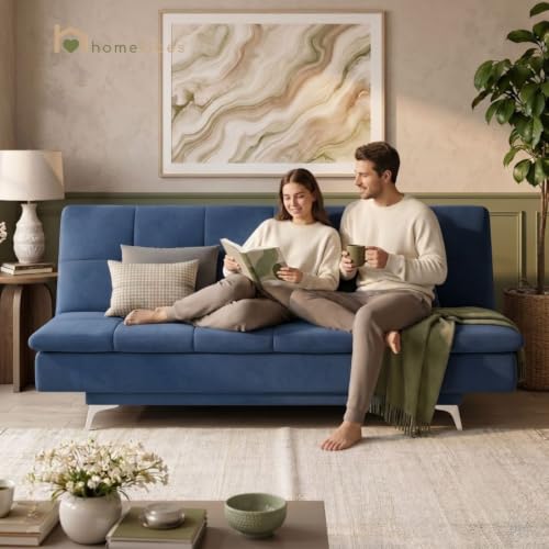 Image of Velum 3 Seater Sofa for Living Room & Office | Premium Fabric Upholstery | Solid Wood Frame | Comfortable Seating | 3 Years Warranty (Blue, Sofa Cum Bed)