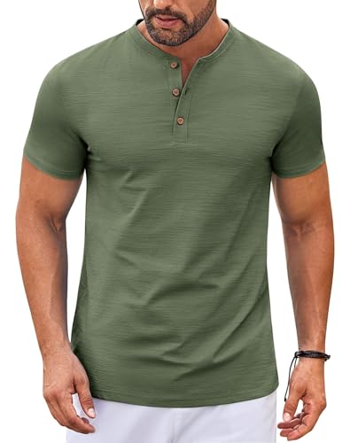 COOFANDY Henley Shirts for Men Short Sleeve Casual Lightweight Shirts Classic Summer Tshirt Olive Green