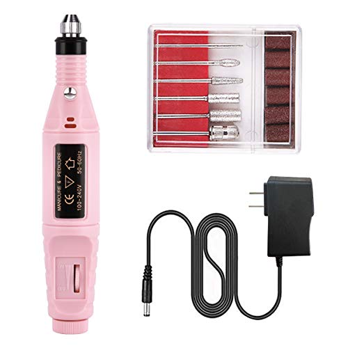 Yinhua Electric Nail Drill Kit Portable Professional Nail Drill Manicure Pen Shape Acrylic Nail Tools for Exfoliation Polishing with 6 Drill Bits and Sanding Bands for Home Salon (1 Set, Pink)