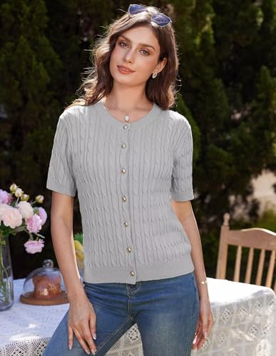 Image of GRACE KARIN Women's Short Sleeve Button Up Cardigan Sweater 2025 Cable Knit Open Front Fall Cardigan Sweater XL Light Gray