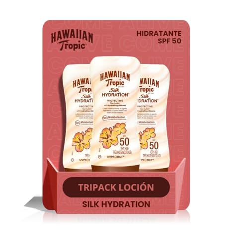 Hawaiian Tropic Hydrating Protection SPF 50 - Loción Solar Protectora con Cintas de Seda Hidratantes, Resistente al Agua hasta 12 Horas, Crema (Paquete de 3)
