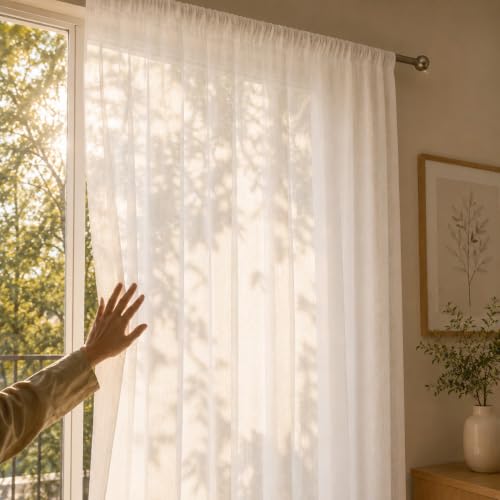 Image of LINENWALAS Aesthetic Sheer Curtains 6 Feet Long Set of 2, Poly Linen Shrink & Fade Proof Drapes for Window, Semi Transparent Modern Panels with Rod Pocket Hanging for Living Room (White /6 Feet)