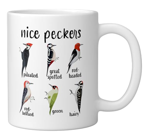 Taza de cerámica blanca con diseño de pájaros carpinteros 11 oz miniatura 2