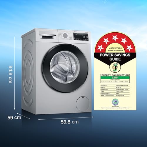 Image of Bosch 9 kg 5 Star Front Load Fully Automatic Washing Machine, AI ActiveWater, Automated Dosing of Detergent(ADOS), Antibacterial Tech, 14 Wash Programs, 53L Large Drum, Silver,WGA242ISIN (2026 Model)