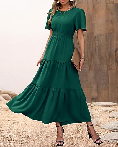 Image of PRETTYGARDEN Women's Casual Smocked Boho Floral A-Line Maxi Dress 2026 | Summer Short Flutter Sleeve Crewneck Tiered Long Sundress,Fall Wedding Guest Dresses,Spring Cute Flowy Beach Vacation Clothes