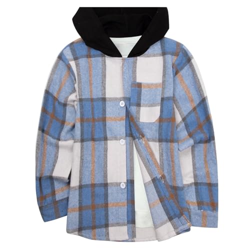 Image of Boys Girls Flannel Shirts Plaid Hoodies Fall Fashion Button Down Shirts | Long Sleeve Shirts Hooded Lightweight Jacket, Perfect for School Mornings, Leaf Piles,Camping, Bonfires, Weekend Adventures