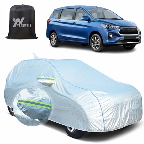 Image of Car Body Cover for Toyota Rumion, 100% Waterproof, Heat-Resistant with Mirror & Antenna Pockets, Soft Cotton Lining, Triple Stitched, Green Reflector (Reflective Silver)