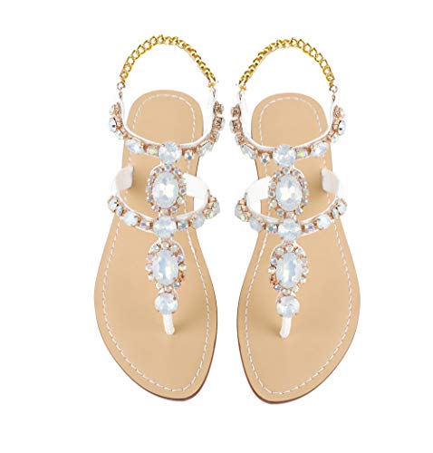 Image of ZhuLinFeng Women'S Rhinestone Gladiator Sandals Flat Wedding Sandals Gem Pearl Sparkling Bridal Bridesmaid Sandals Blue Bohemian Sandals