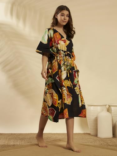 Image of Ravaiyaa Women Printed Cotton V-Neck Knee Length Kaftan Dress Nighty