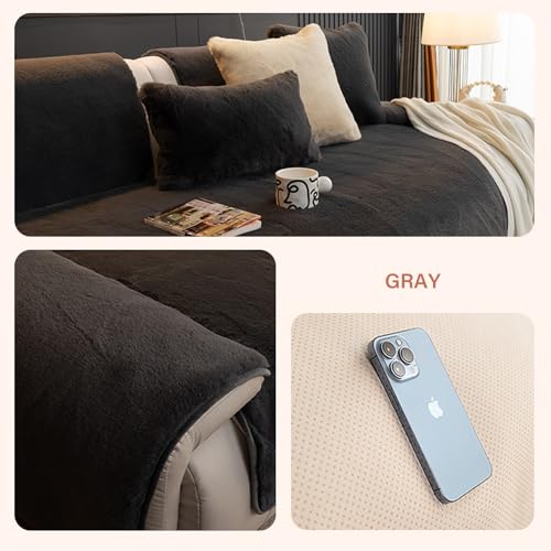 Funda de sofá felpa acolchada gris oscuro para sofás seccionales con cojín rectangular 3