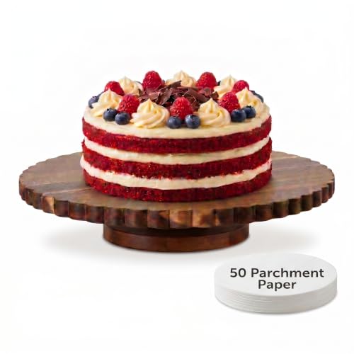 Sizavi 13 Inch Acacia Wood Cake Stand with Lazy Susan - Rotating Cake Turntable for Decorating, Scalloped Wooden Cake Spinner for Wedding, Birthday, Party - Includes 50Pcs 9" Parchment Paper