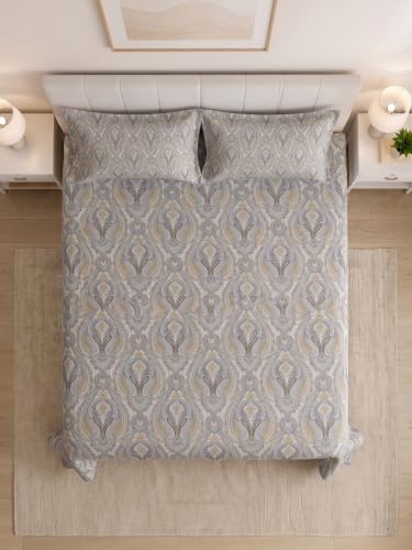Image of Mafatlal 130 GSM Pearl Double Bedding Set with 2 Coordinated Pillow Covers | 90 x 100 Inch | Soft Brushed Microfiber | Wrinkle Resistant, Breathable, All Season Sleeping Comfort | Grey-Gold