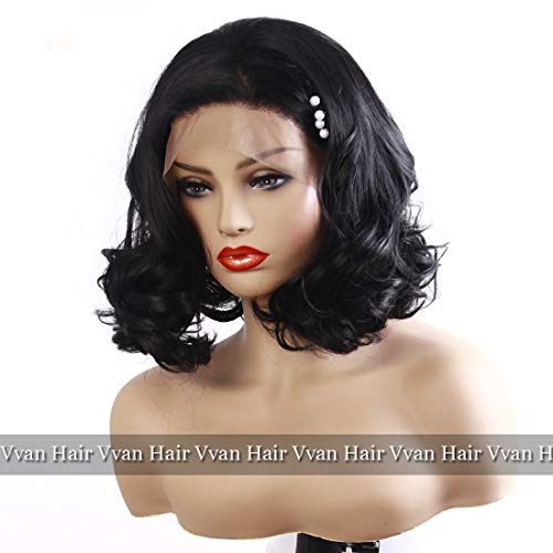 Vvan Short Wavy Wigs Synthetic Curly Lace Front Wigs for Women Natural Black Color Heat Resistant Hair Loose Wave Bob Wigs 14\