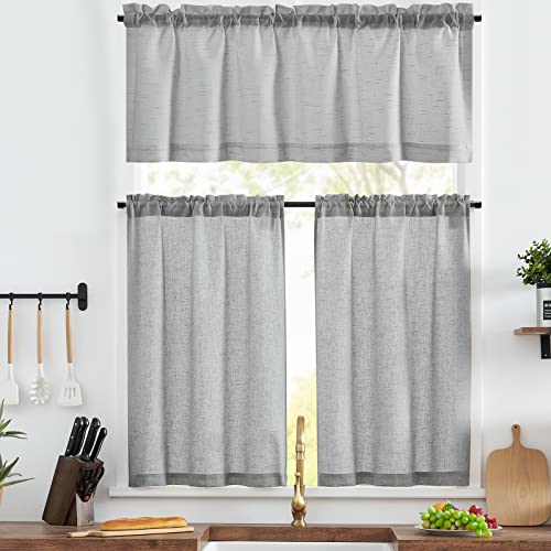 jinchan Grey Kitchen Curtains and Valances Set 3 Pieces Linen Tiers and Valance 24 Inch Cafe Curtains with Valance Rod Pocket Farmhouse Small Drapes S