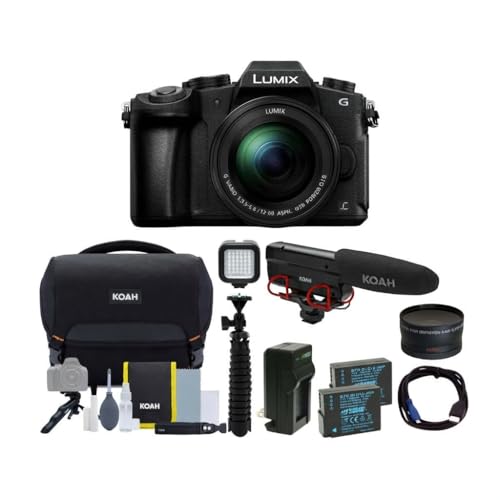 Panasonic LUMIX G85 Mirrorless Camera with 12-60mm Lens Bundle with Microphone, Accessory Kit, Battery and Dual Charger, 64GB SD Card, Tripod, 2-Piece Lens Set, Digital Flash and HDMI Cable (9 Items)