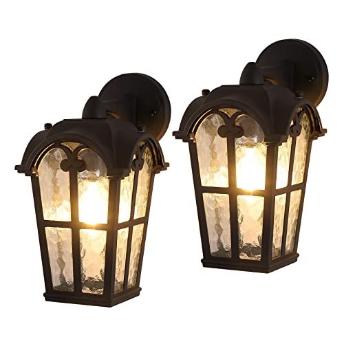 Huong Son Black Outdoor Wall Light Fixture, Porch Lights Wall Mounted With Water Ripple Glass Shade, E26 Base, Waterproof Outdoor Lights For House, Garage, Entryway, 2-Pack #TOP14