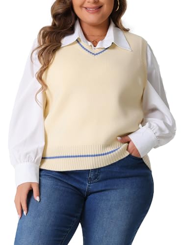 Image of Agnes Orinda Plus Size Sweater Vest for Women V Neck Stripe Cable Knit Sleeveless Pullover Sweater Vest
