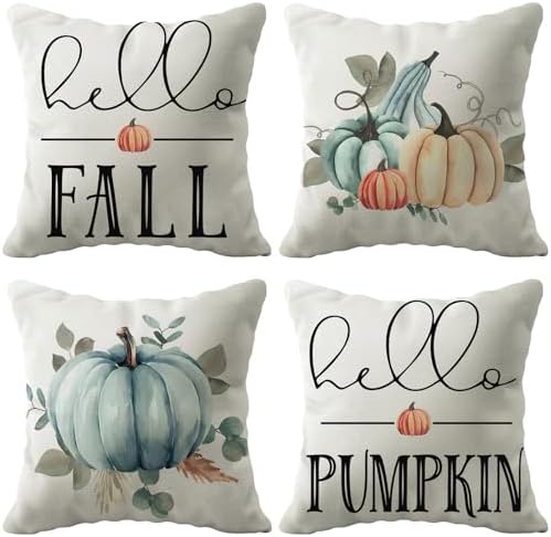 Fall Pillow Covers 18x18 Set of 4 Watercolor Pumpkin Farmhouse De...