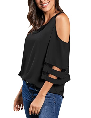Lookbookstore Summer Tops For Women 2023 Womens Cold Shoulder Tops Sexy Casual Black Crewneck 3/4 Sleeve Blouse Womens Tops And Blouse Dressy Casual Loose Tops Shirt Size M Size 8 10 #TOP3