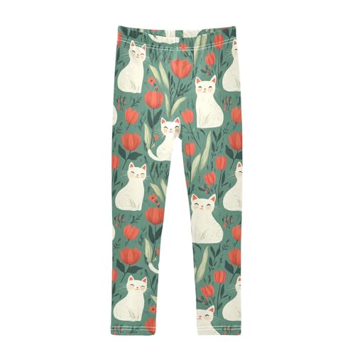 Girls Leggings Cute White Cats Flower Soft Toddler Leggings for Girls Kids Pants Size 4T-10T