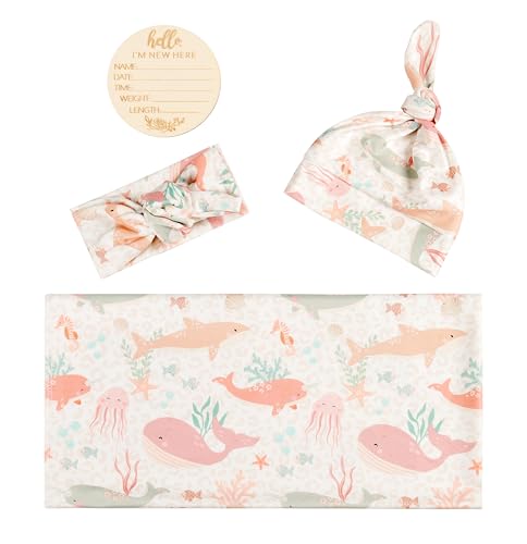 Image of Newborn Swaddle Sets with Headband Beanie and a Name Card Baby Snug Wrap Receiving Blanket for Baby Boys Girls (Pink Ocean Fish)