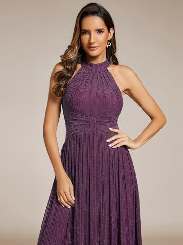Image of Ever-Pretty Women's Glitter Halter Sleeveless Formal Dresses Evening Gowns Pleated A-line Wedding Guest Dress 41961