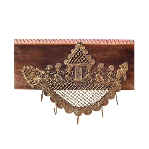 Image of AAKRITI ART CREATIONS Golden Leaf Brass Key Holder, Dhokra Art Teak Wood Wall Hanging Panel Set of 1, Brown Wall Decor Key Holder | Matte Finish Wooden Wall | Decor for Entryway, Living Room, Office