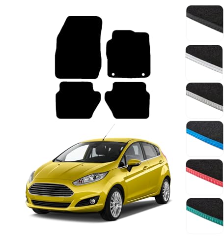 GCM - Car Floor Mats for Ford Fiesta Mk7 2011-2017 Full Coverage Floor Protection - Anti Slip & Fit Car Mat with Clips Easy to Clean Car Carpet for All-Weather- Black Edging Carpet