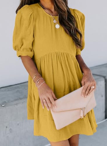 Image of Dokotoo Womens Summer Crewneck Puff Sleeve Babydoll Elegant Empire Waist Mini Swing Skater Dresses with Pockets