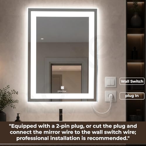 Image of Plantex Metal LED Wall Mirror with Triple-Tone /Touch Mirror for Bedroom /Dressing Room /Living Room - Rectangle Shape (18 X 24 Inch)