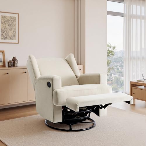 Image of Swivel Rocker Recliner Chair, 360 Swivel Wingback Recliner Chairs for Adults, Upholstered Glider Rocking Chair with High Back, Deep Seat for Living Romm Bedroom, Cotton Linen, Beach