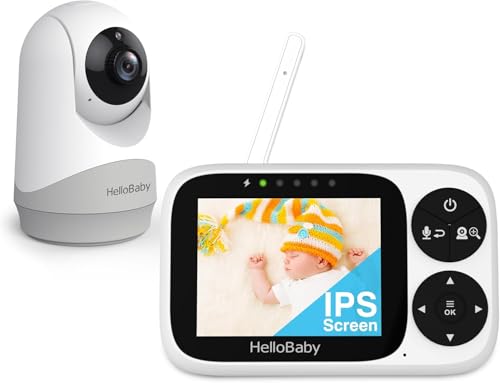 HelloBaby Camara Vigilancia Bebe, Vigilabebes con Pantalla IPS 3.2" Sin WiFi, 1000ft Alcance, Control Remoto Pan-Tilt-Zoom, 2 Vías Comunicación, Visión Nocturna y Canciones de Cuna