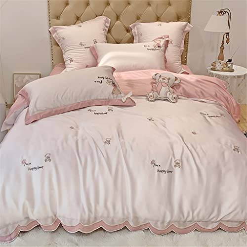 HZH Dessin animé coton à longues fibres mignon ours broderie quatre pièces fille coeur nœud papillon pur coton housse de couette literie (couleur : costume rose 4 pièces taille : 1,5 m) (costume rose