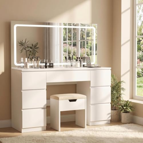 JUMMICO Coiffeuse avec Grand Miroir LED (115x60cm) et Tabouret Inclus, Table de Maquillage Moderne avec 7 Tiroirs, Station de Recharge et Éclairage Réglable, Meuble de Chambre à Coucher (Blanc)