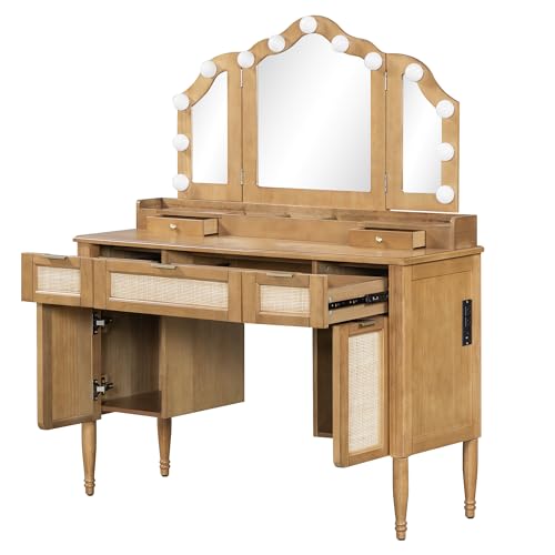 Image of JIVOIT 44.37 inch Makeup Vanity Desk with Tri-Fold Mirror, Large Vanity Table with 5 Drawers and Shelves and 2 Cabinets, Dressing Table, Easy Assembly