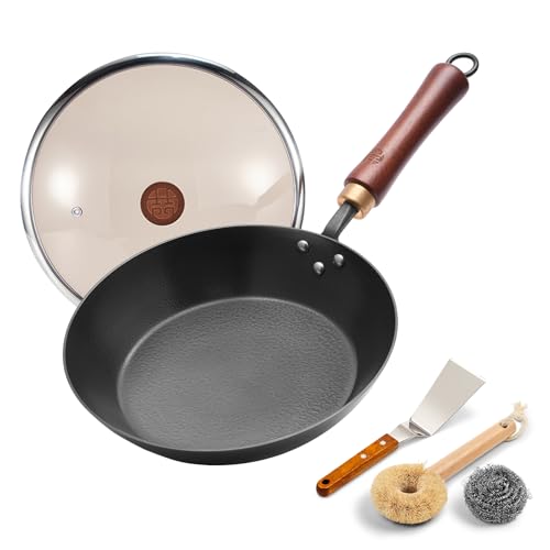 WANGYUANJI 10.2" Iron Skillet with Glass Lid & Spatula, Flat-Bottom Hand-Hammered Frying Pan, Uncoated & Unseasoned Small Iron Wok for Induction, Gas & Electric Stoves