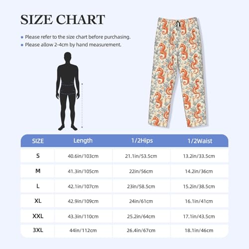 Mens Pajama Pants - Orange Seahorse Pattern Print Soft Sleep Lounge Pants For Men, Casual Pj Bottoms With Pockets3