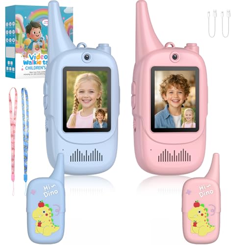 Anbte Video Walkie Talkies For Kids With Silicone Protective Case 2 Pack Rechargeable Long Range Two Way Radios Toys for Boys Girls Age 3-12 for Family Game Outside Camping Indoor Outdoor Blue/Pink