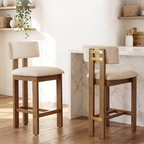 Butacos modernos de barra HNY de 26 pulgadas, juego de 2 unidades, con respaldo y tapizado en lino beige, estructura de madera natural, para isla de cocina miniatura 1
