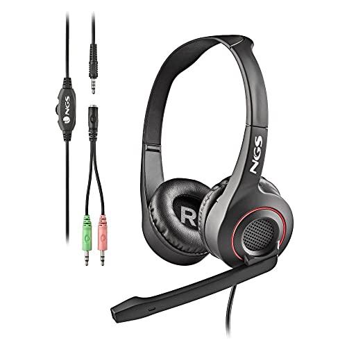 NGS MSX 10 Pro - Casque Léger Supra-Auriculaire avec Jack 3.5 mm pour Ordinateur et d’Un Adaptateur Double Jack pour PC, Microphone Ajustable, 20 Hz, NGS-HEADSET-0230, Noir