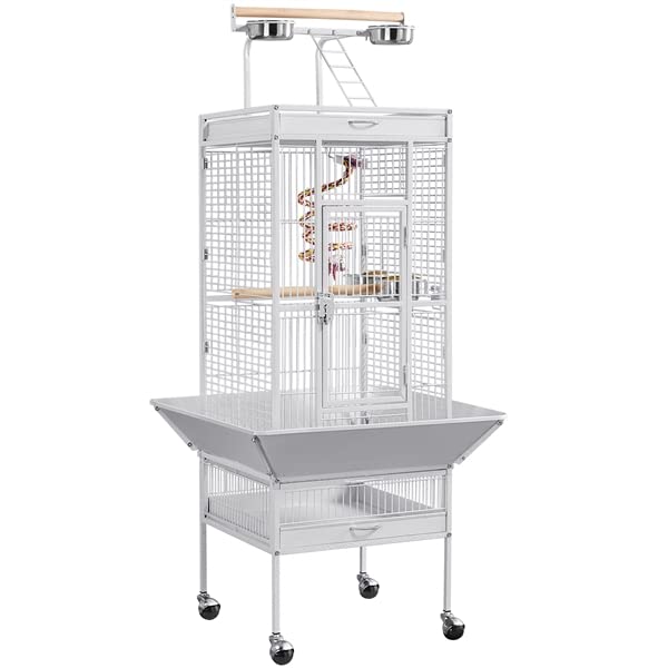 Abician Cage à Oiseaux sur Pied Voliere Oiseaux Interieur Cage pour Perruches à roulettes Grand Cage Oiseaux en Métal 66,5 x 65,6 x 156,5 cm Blanc