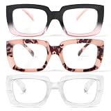 MMOWW 3 Pacco Occhiali da Lettura Oversize Square Frame Anti Luce Blu Occhiali Donna Rettangolari（Nerorosa LEO Trasparenza,+3.0