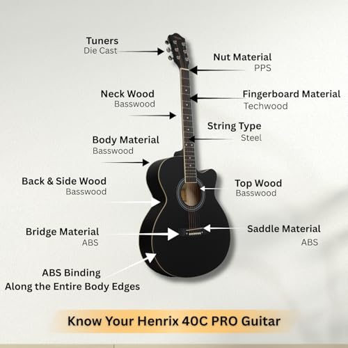 Image of Henrix Basswood PRO 40C 40-Inch Cutaway Acoustic Guitar With Dual Action Truss Rod, Gigbag, Picks, String Set, Strap, Cloth & Ebook - Black