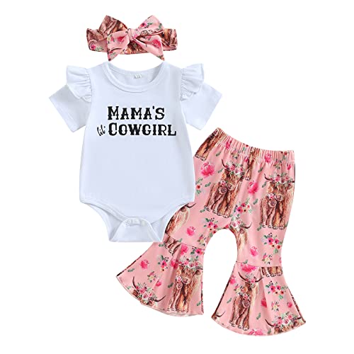 Image of Lamuusaa Western Baby Girl Clothes Short Sleeve Romper Cow Print Flared Pants Bell Bottoms Headband 3Pcs Summer Outfit