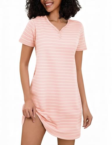 Bresdk Nattlinne dam bomull kortärmad 2 knappar randig v-ringad nattkläder med fickor, Rosa M976, S